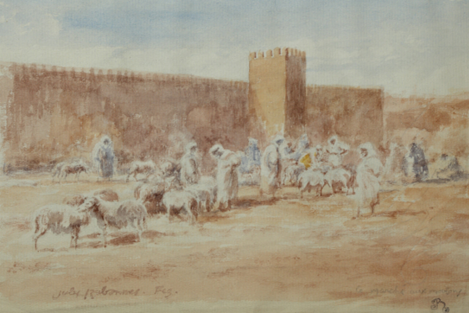 Le marche aux moutons, Fez watercolor by Jules RABANNES