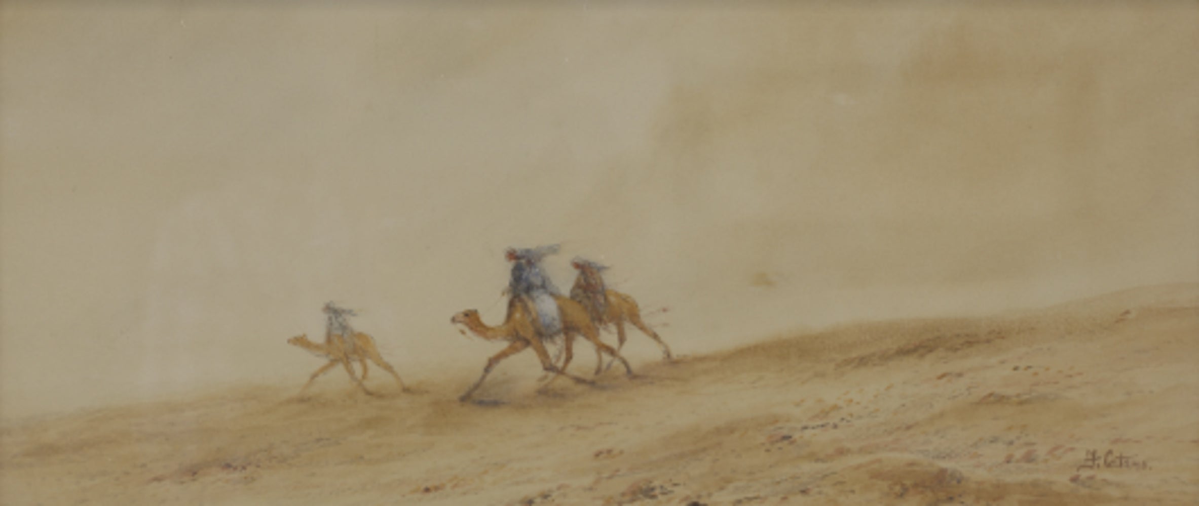A camel train emerging from the desert  Watercolor on paper  by Raffaelle Mainella