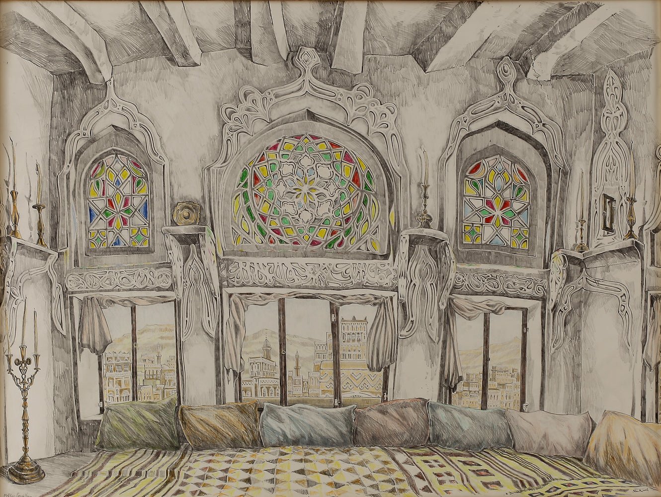 View from a Maf Raj, Sanaa, Yemen  Paper Art Pencil and crayon on paper by John Nankivell